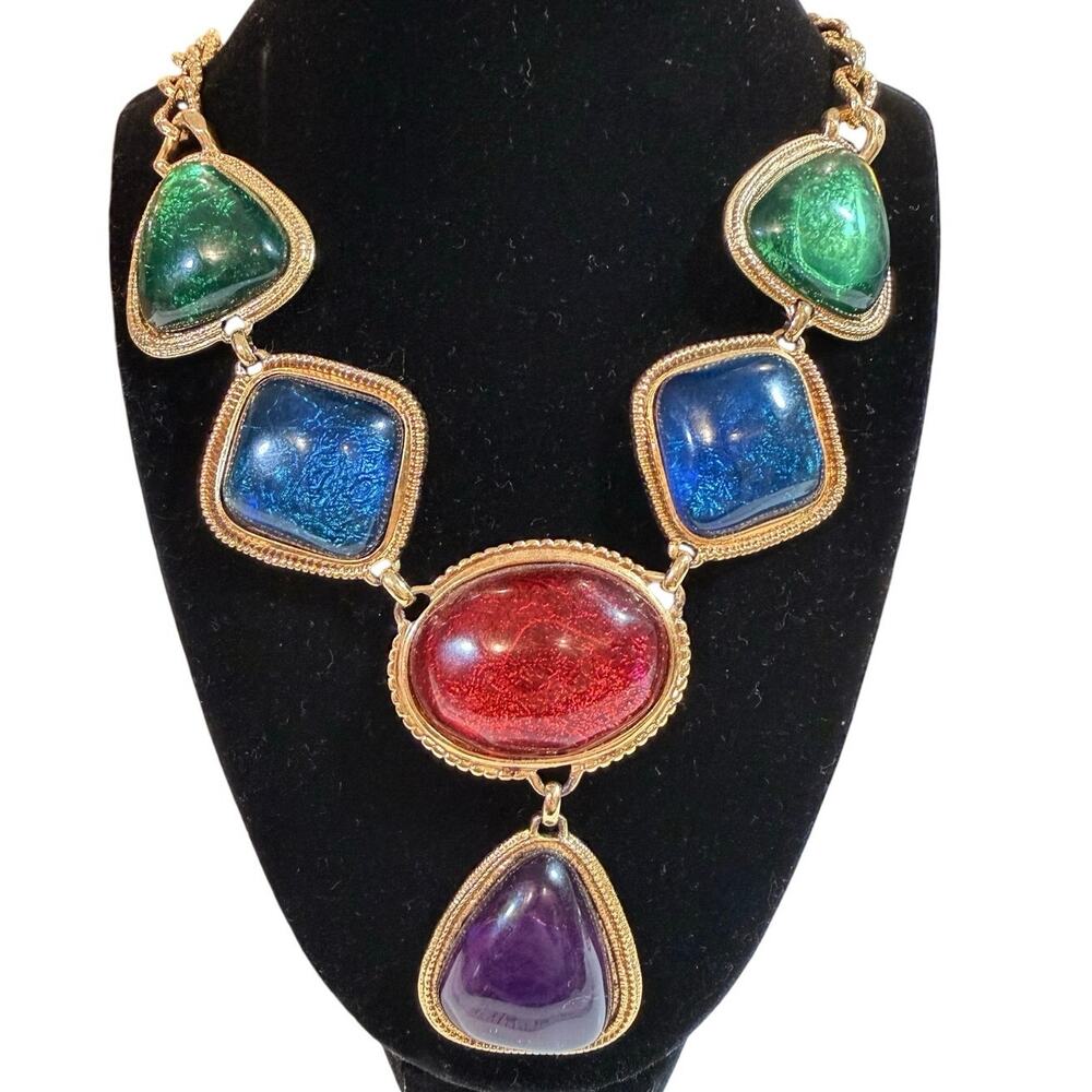 KJL for Avon Caprianti Vintage Jeweltone Resin Cabochon Chunky Goldtone Necklace